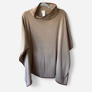 J.Crew brown knit poncho in camel w/ funnel neck & faux leather trim Sz One Sz